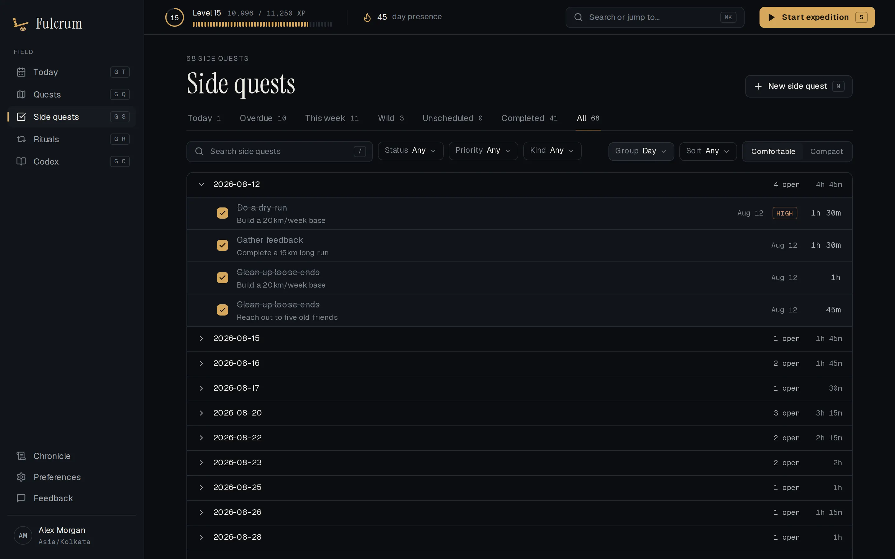 The side quest list